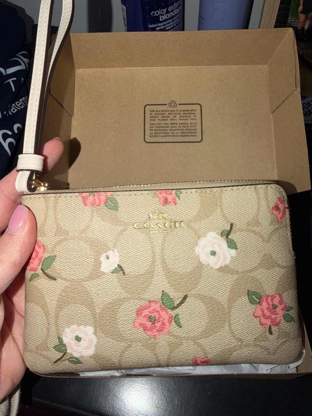 Coach Rose Print Signature Canvas Wristlet in Khaki and Pink